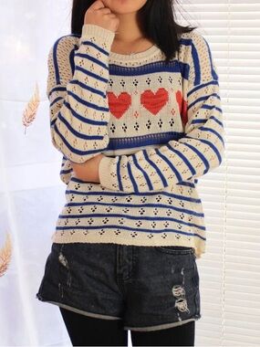 Casual Heart Stripe Knit Sweater Cream & Blue